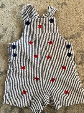 Little Me Navy & White Striped Overalls with Red Crab Embroidery